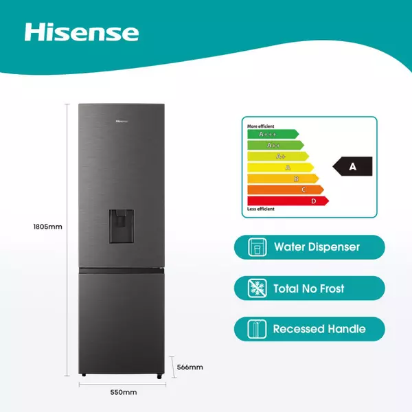 Hisense 262L Double Door Fridge, Bottom Freezer + Water Dispenser (Model No: H350BTS -WD)